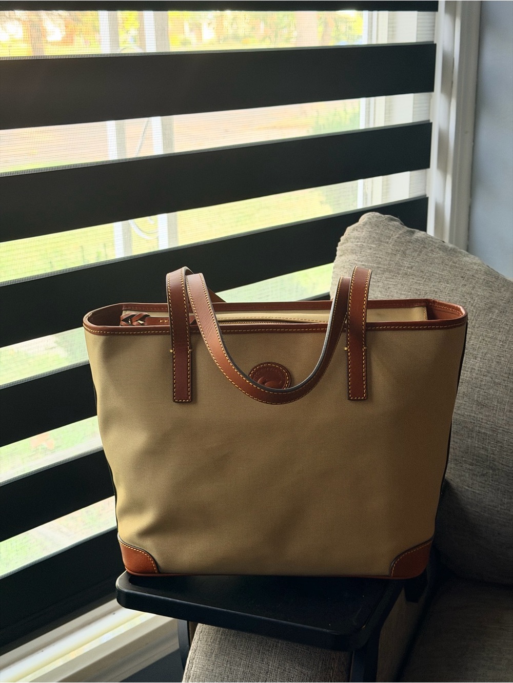 Dooney and Bourke Nylon Charleston Tote Khaki Tan Leather